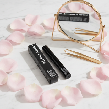 Maison Arielle eyelash serum black tube and box on white marble with rose petals and gold accessories